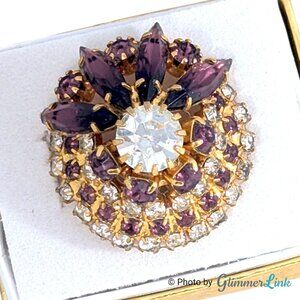 Vintage Mid-Century Purple Rhinestone Dome Cocktail Adjustable Gold Tone Ring